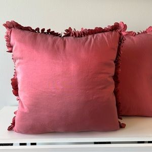THRO pillows, rosy salmon w/ whimsical scallop trim, zipper insert, set 2; EUC